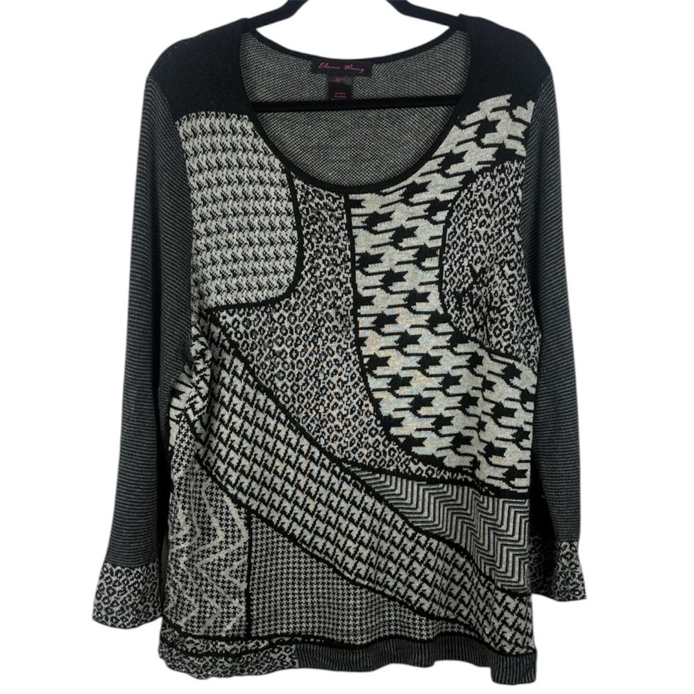 Elena Wang Angora Blend Mix Media Black Gray Scoop Neck Long Sleeve Knit XL Top